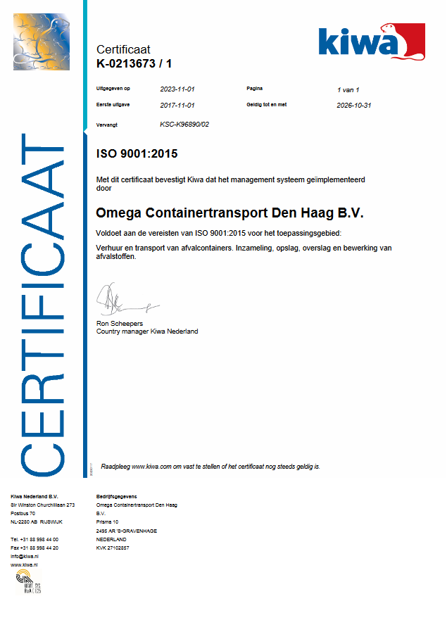 Omega Containers is in het bezit van een ISO 9001-2008 certificaat