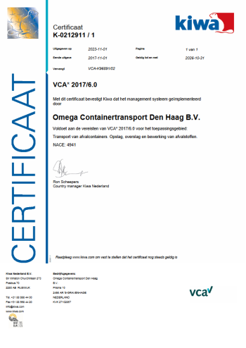 Omega Containers is in het bezit van een VCA 2008/5.1 certificaat Omega Containers is in het bezit van een VCA 2008/5.1 certificaat